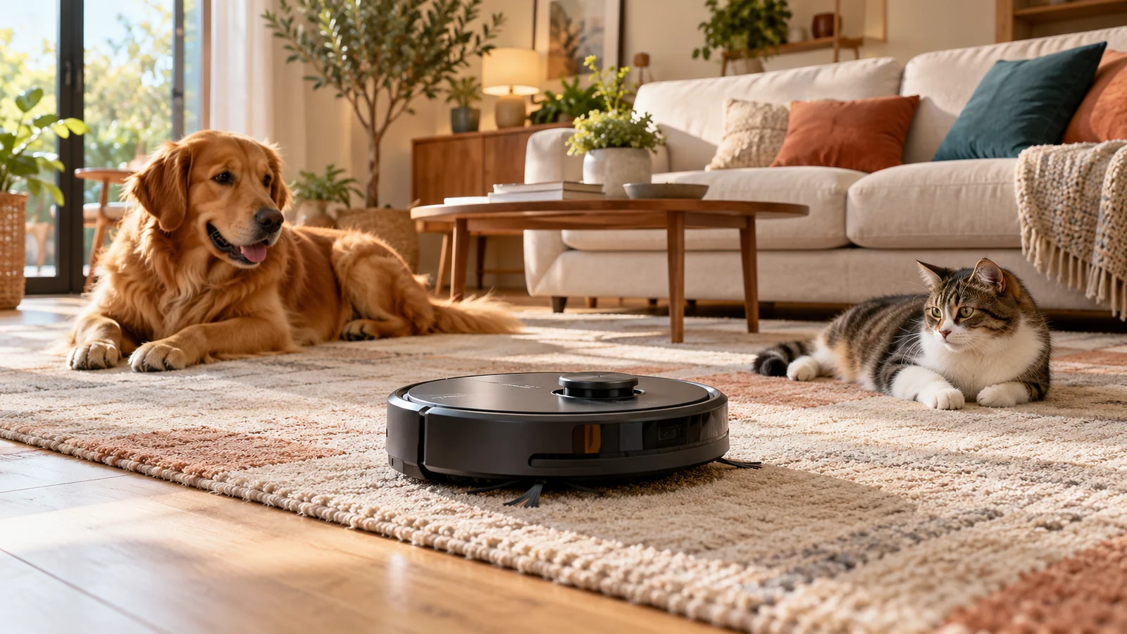 Robot aspirador limpiando un suelo con pelo de mascota junto a un perro descansando