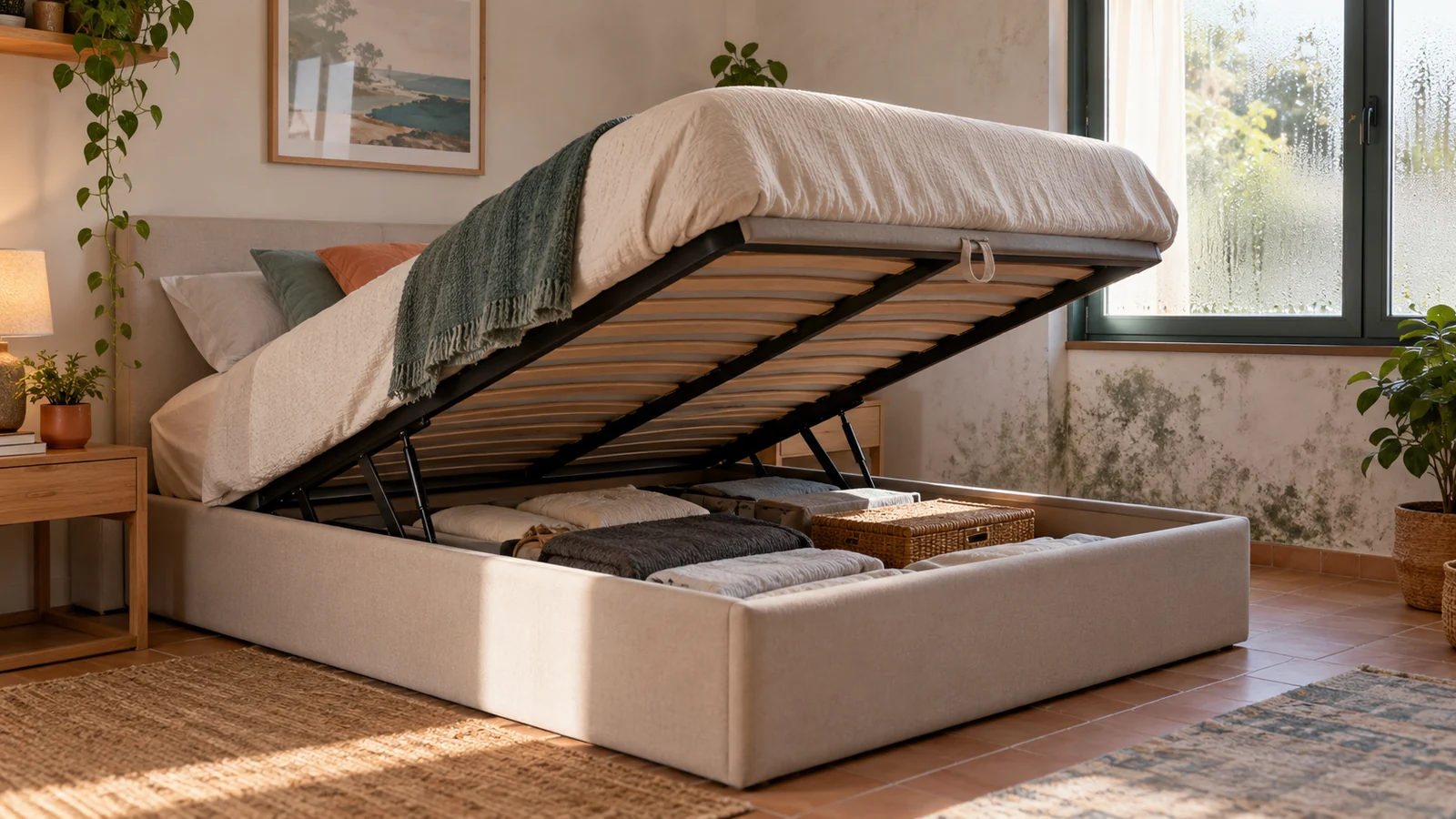 Escena de descanso relacionada con merece la pena una cama canapé en una habitación húmeda