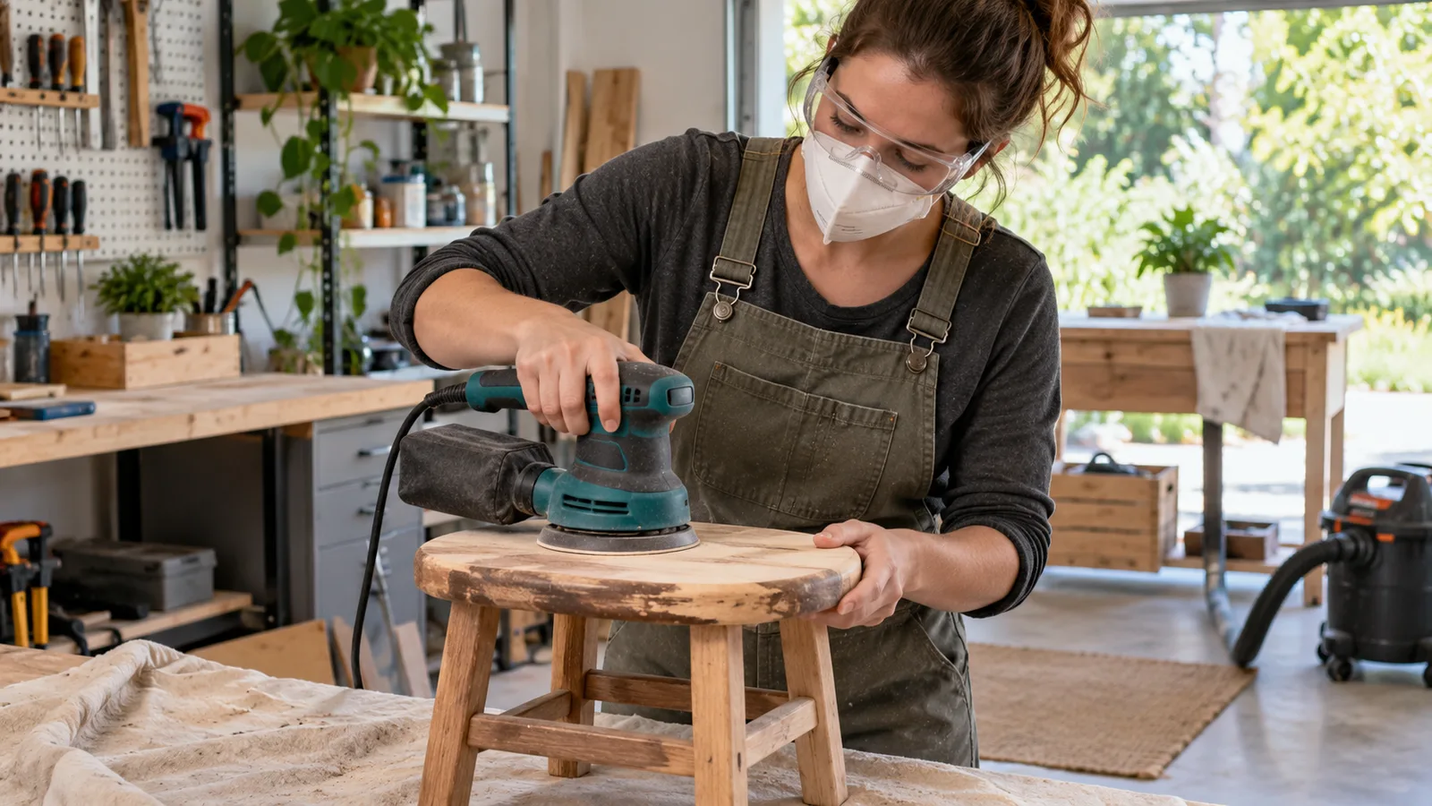 Persona lijando una pieza de madera con lijadora eléctrica y mascarilla