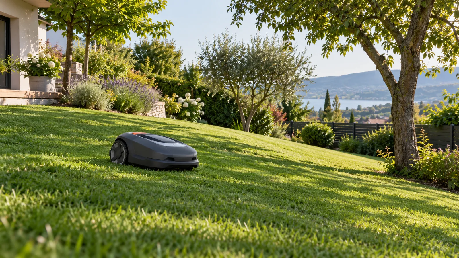 Robot cortacésped trabajando sobre una zona de césped en un jardín doméstico
