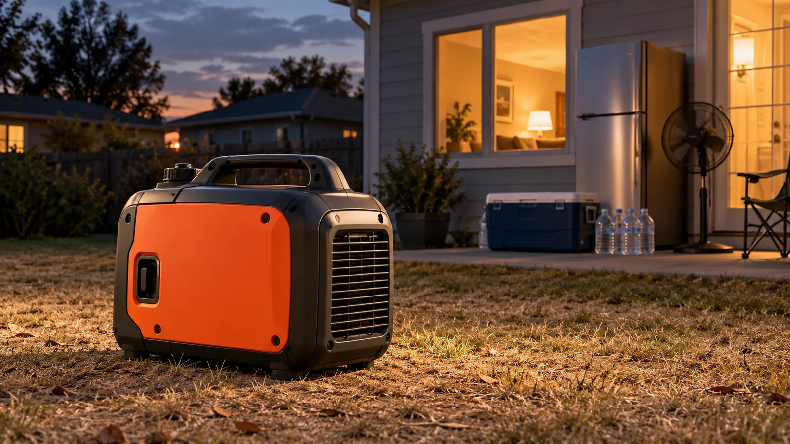 Generador inverter portátil en exterior junto a una vivienda durante un corte de luz