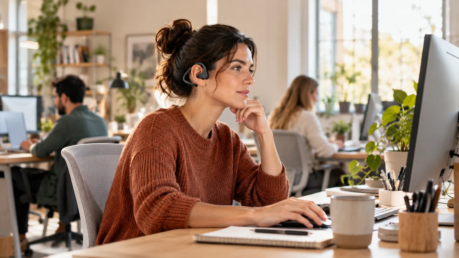 Ilustración editorial para ¿Son recomendables los auriculares abiertos para trabajar en una oficina?