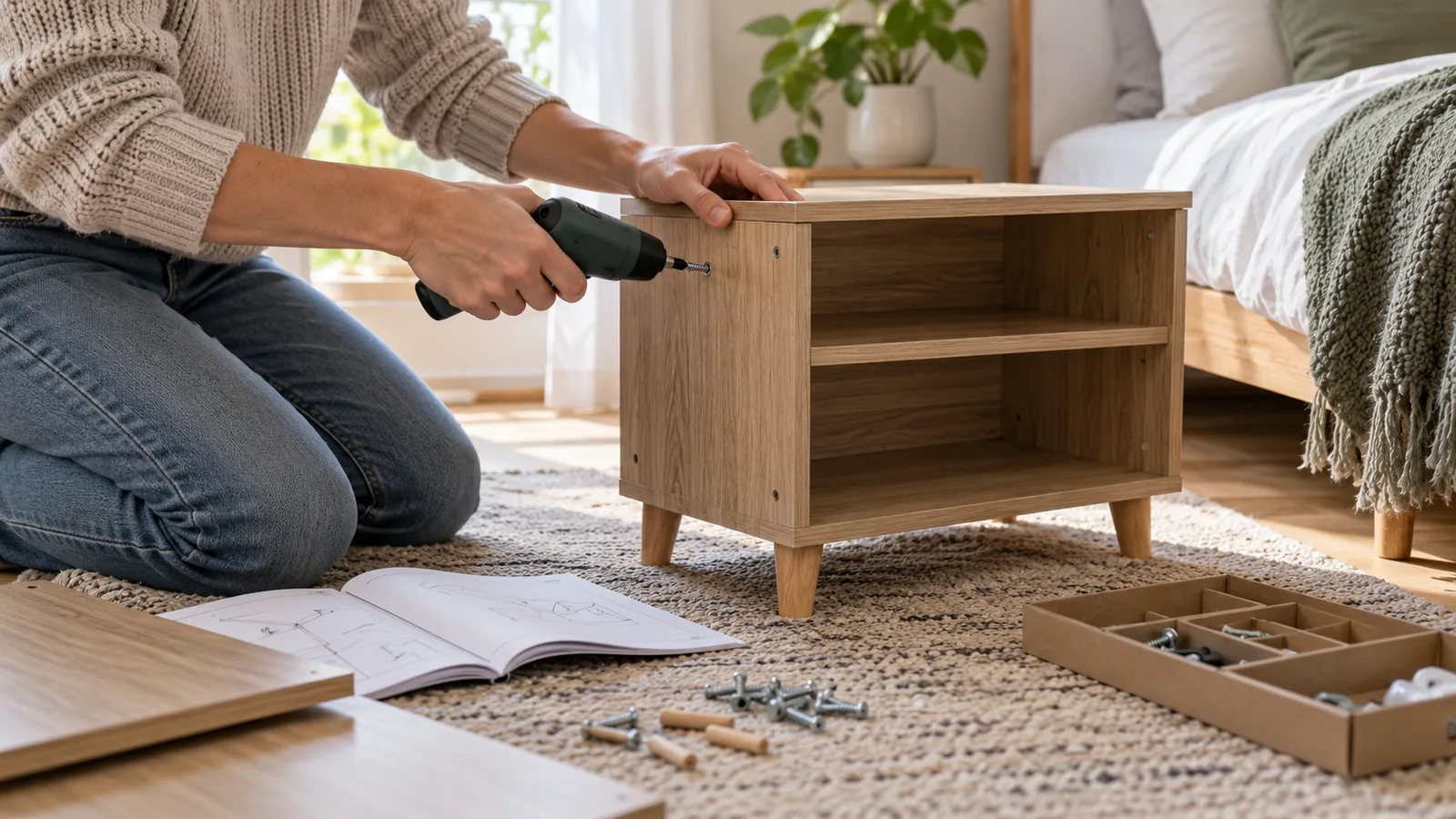 Manos utilizando un atornillador eléctrico compacto para montar un mueble de madera