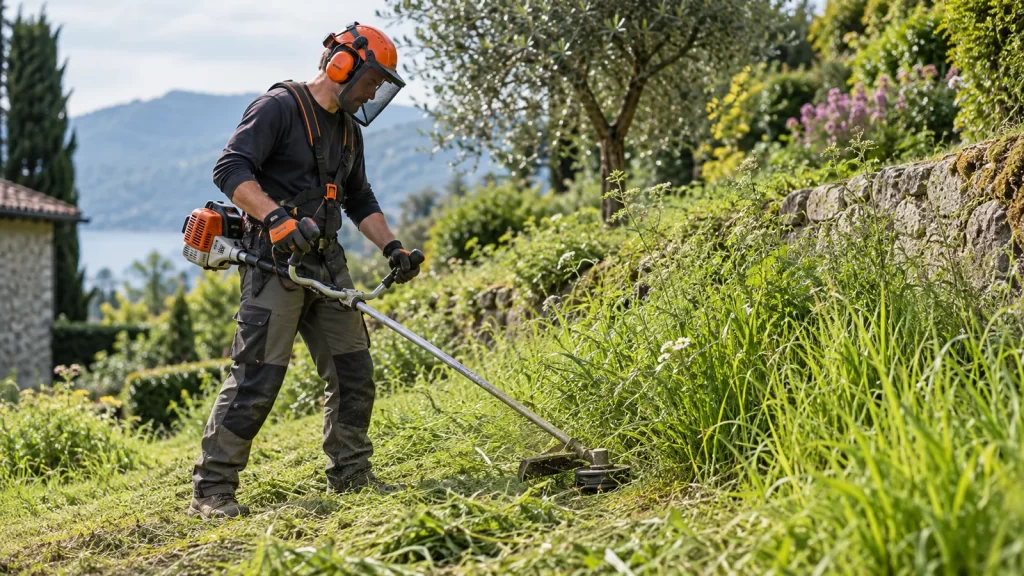 Persona con protección utilizando una desbrozadora en vegetación alta