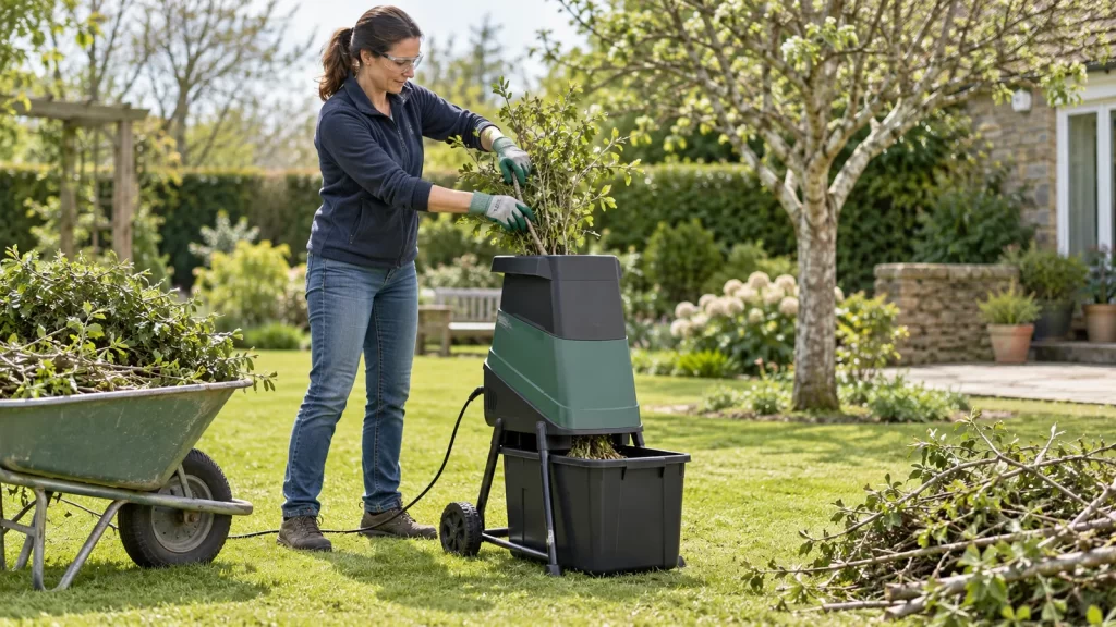 Persona utilizando una trituradora de jardín para procesar restos de poda