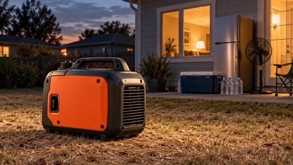 Generador inverter portátil en exterior junto a una vivienda durante un corte de luz